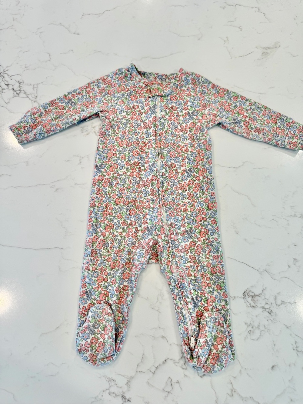Floral Print Long-Sleeve Footed One-Piece - Pink, Blue & Green